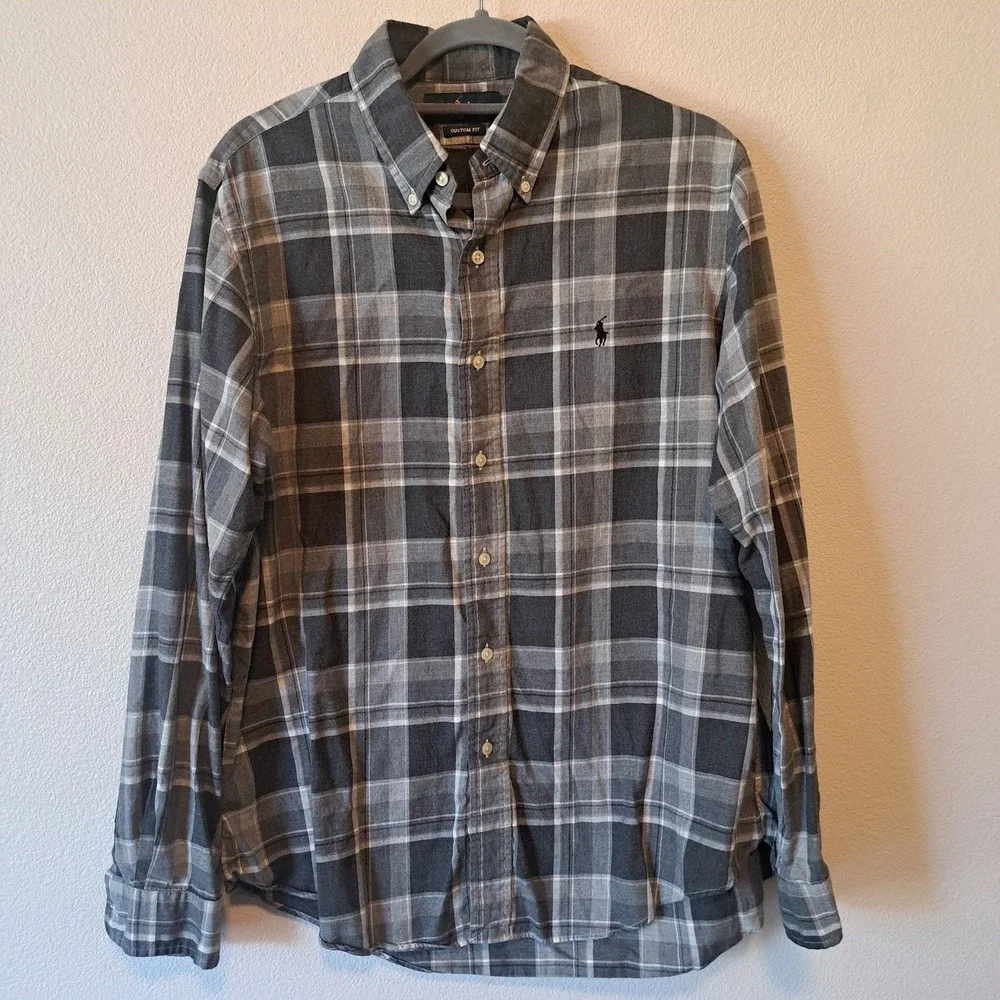 Polo Ralph Lauren Mens Grey Plaid Flannel Shirt Custom Fit Large Long Sleeve